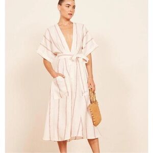 Reformation Ecru and Red Striped Linen Midi Dress